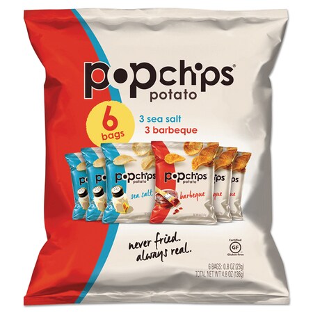 Popchips Potato Chips, BBQ/Sea Salt Flavor, .8 oz Bag, PK6 21812